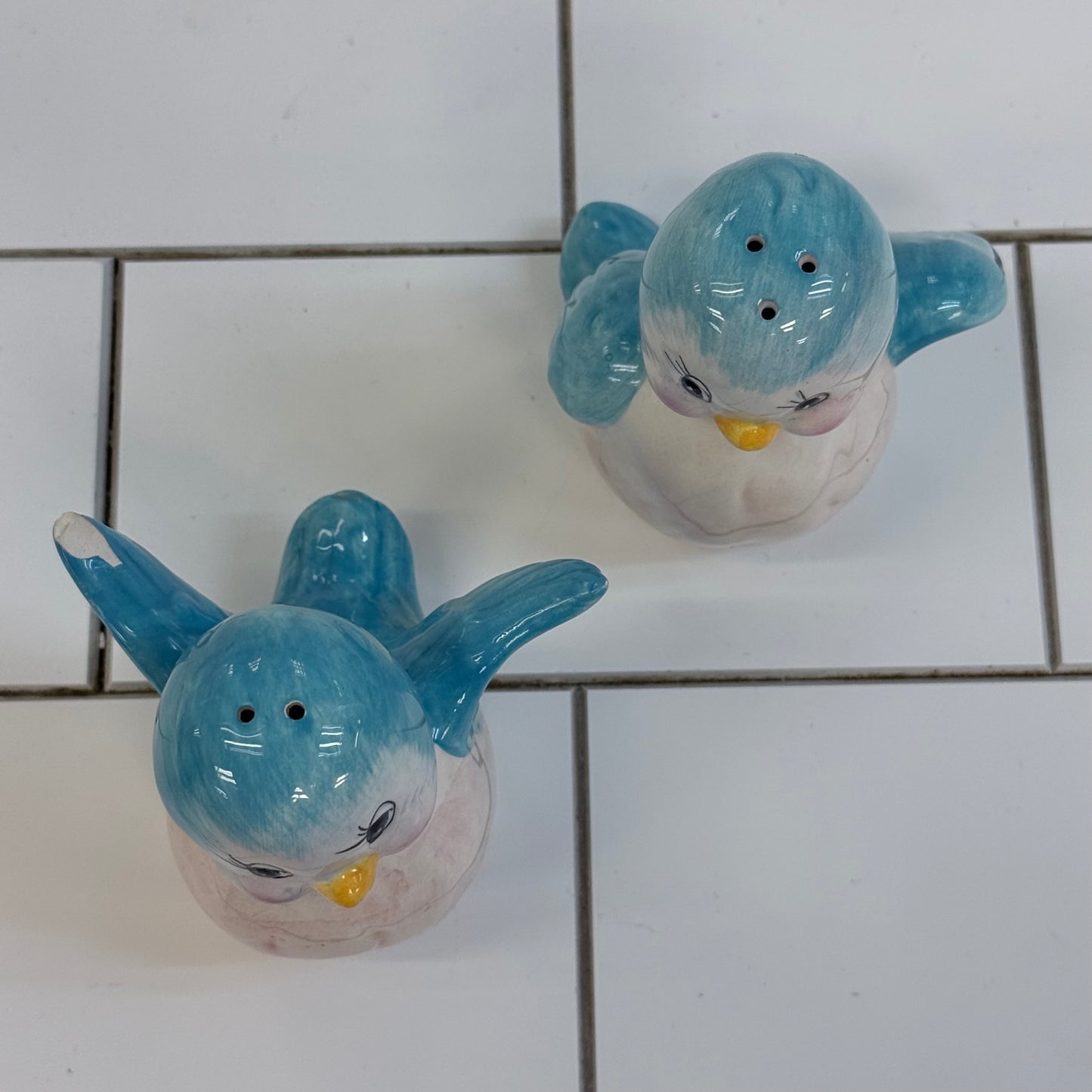 Vintage Blue Bird Salt & Pepper Shakers Glazed Ceramic Set of 2