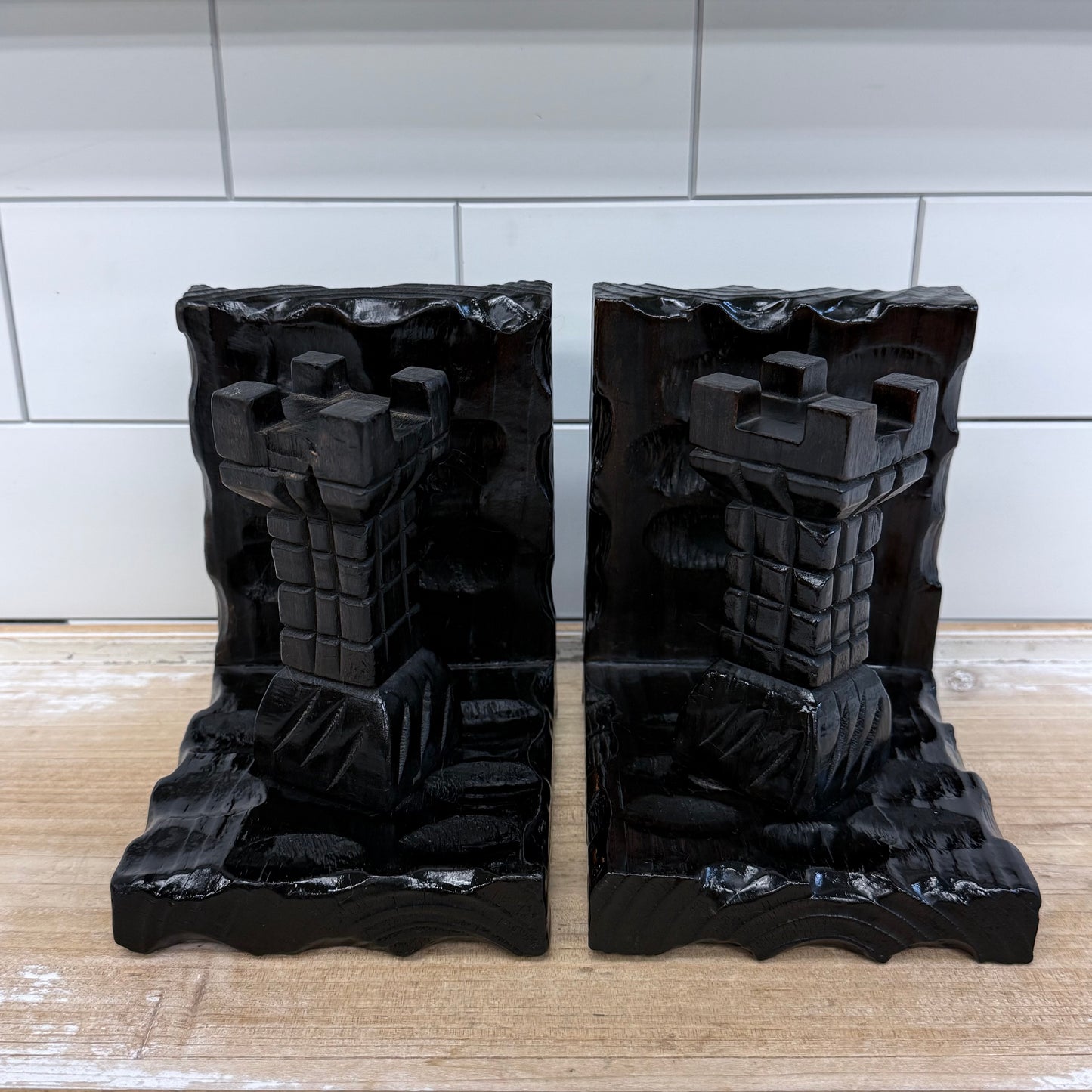 Spanish Carved Wood Bookends Castle Turret Medieval Style Pair