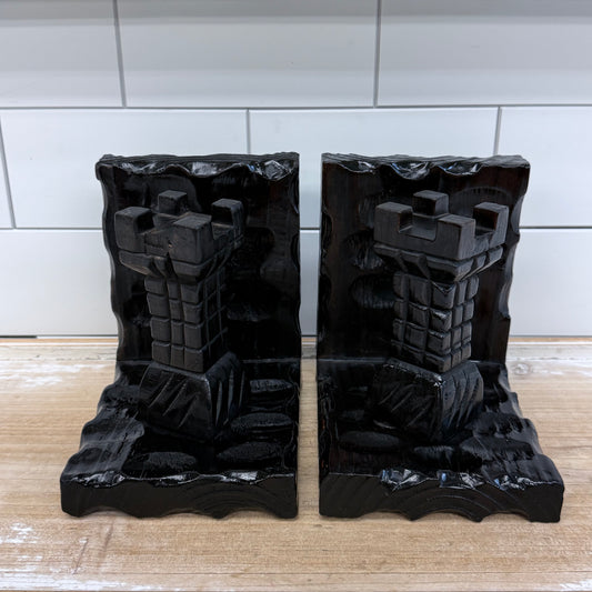 Spanish Carved Wood Bookends Castle Turret Medieval Style Pair