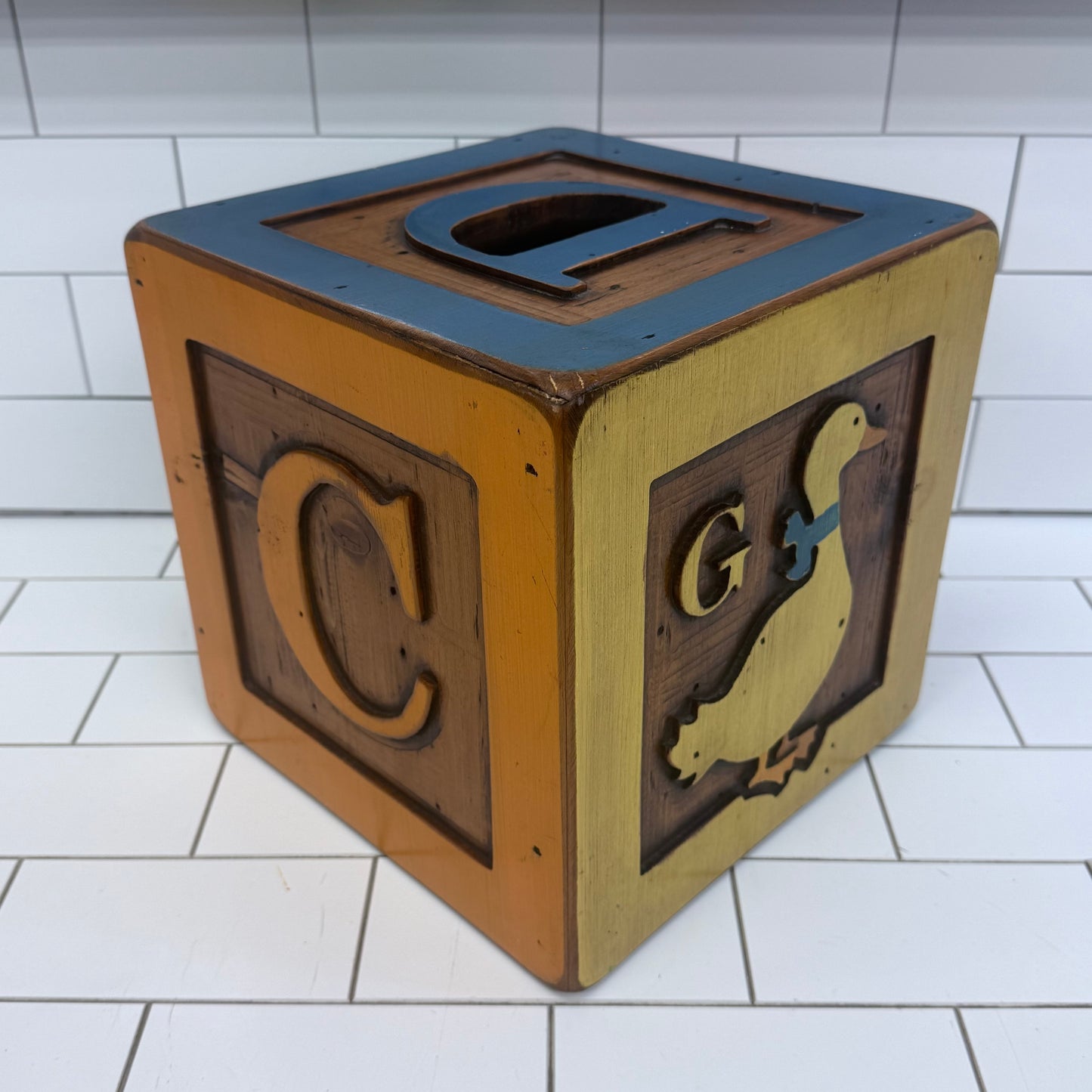 Vintage Folk Art Oversized Alphabet Block Wood Display