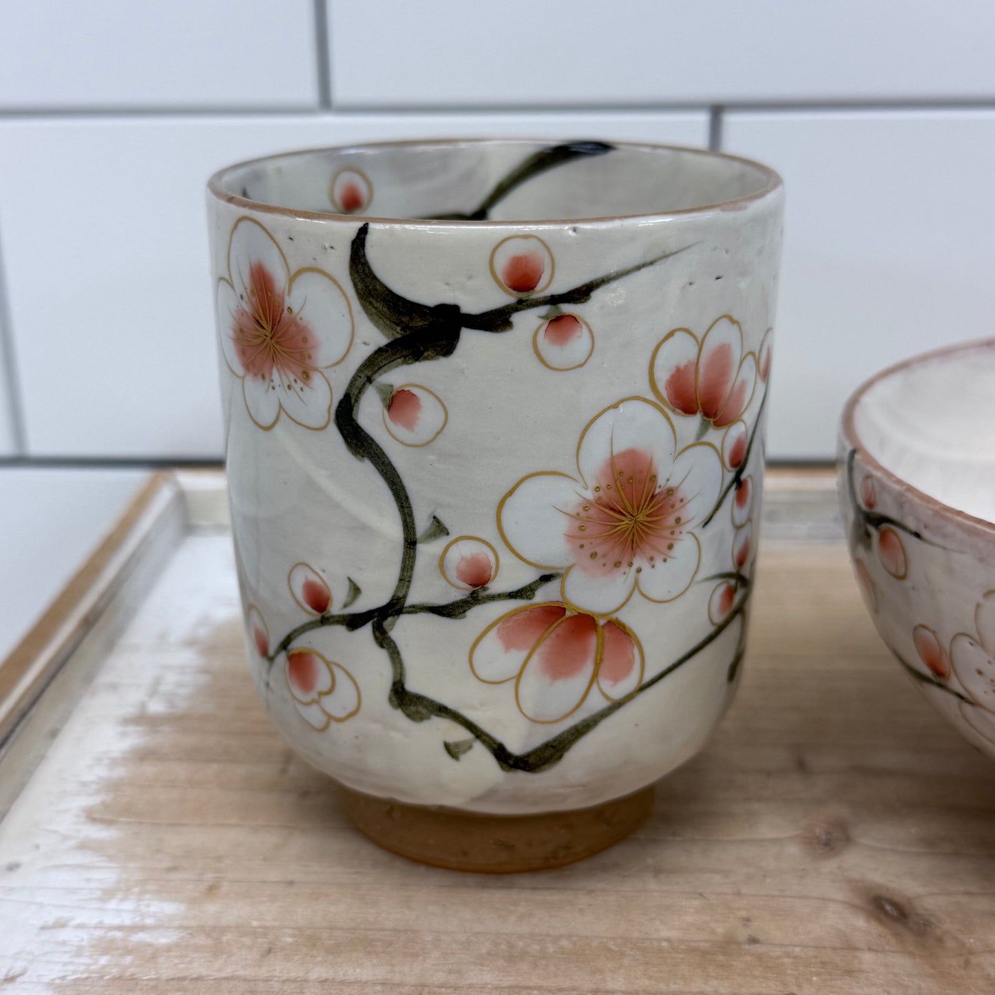 Japanese Kiyomizu-yaki Plum Blossom Bowls & Cups Set of 4