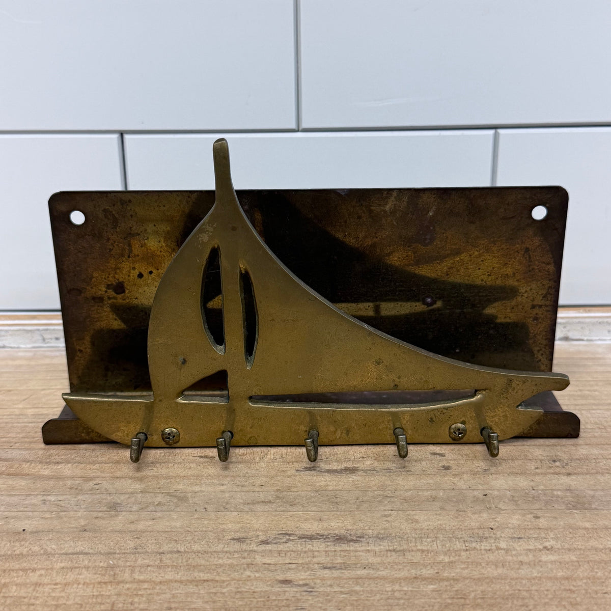 Brass Sailboat Wall Key Holder Nautical 5 Hook Rack