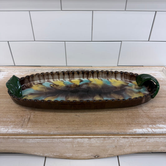 Austrian Art Pottery Drip Glaze Oval Tray Leaf Handles