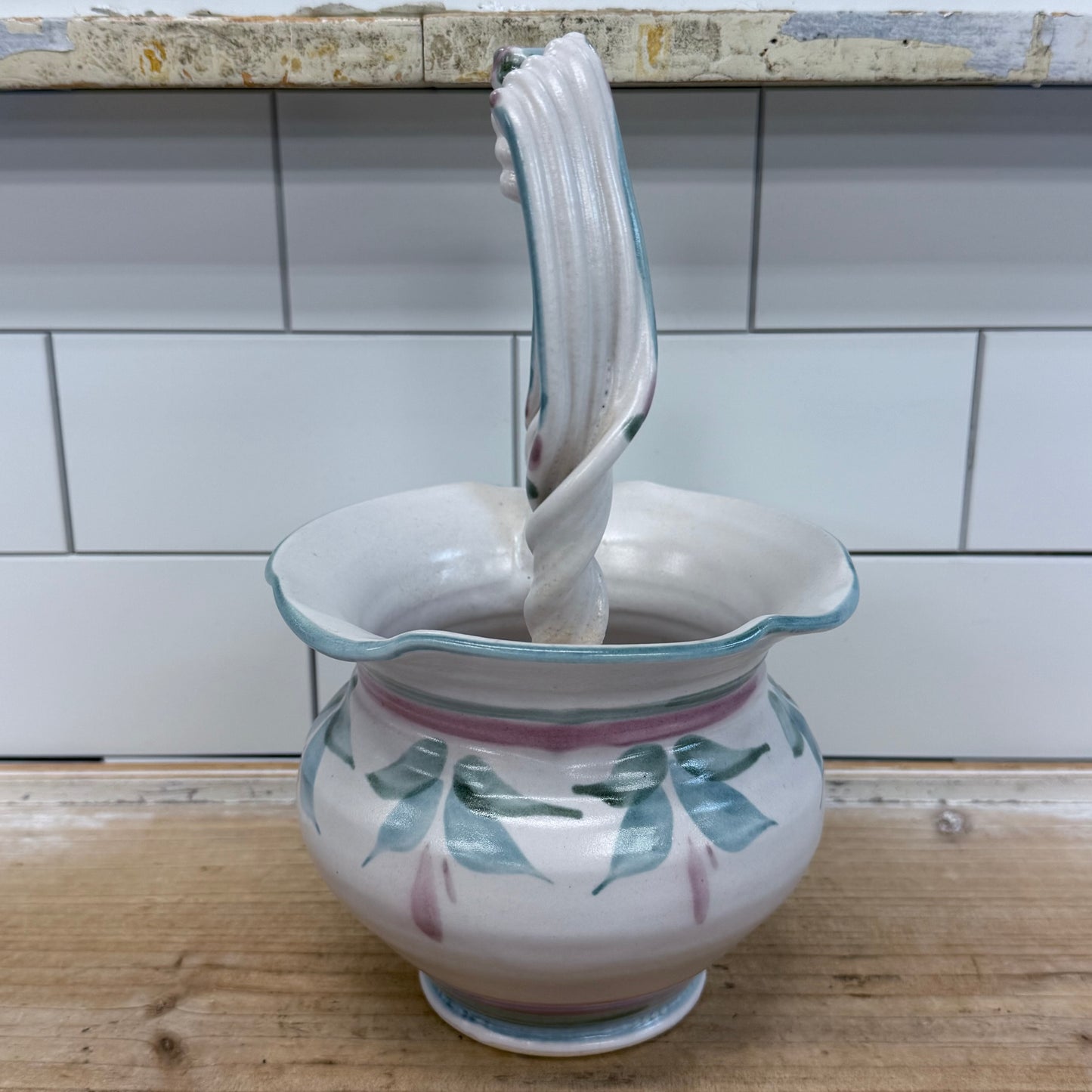 Studio Art Pottery Floral Basket Twisted Handle Signed Ceramic