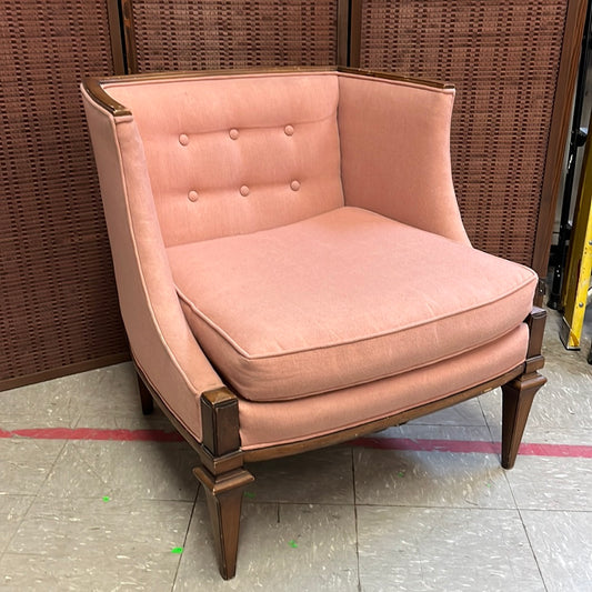Mid-Century Pink Tufted Lounge Chair with walnut wood framing