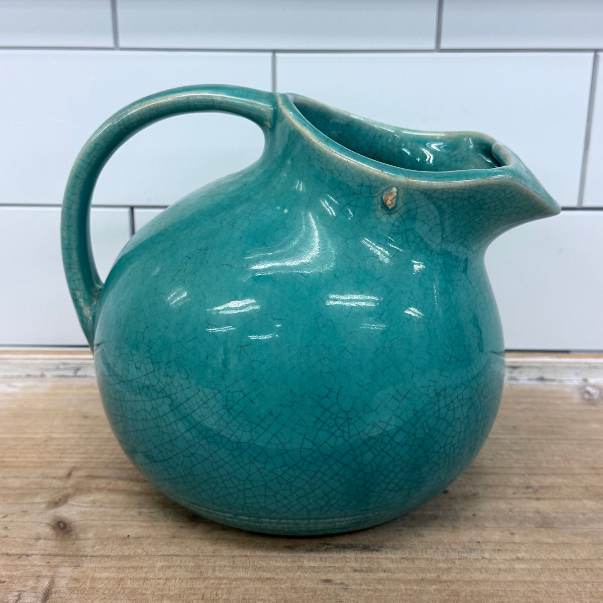 Turquoise Blue Crackle Glaze Ceramic Pottery Pitcher