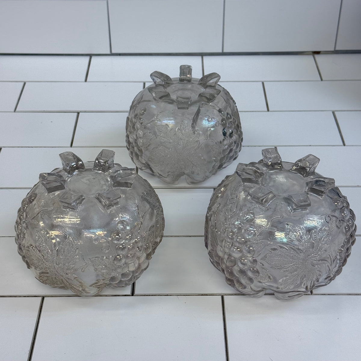 Dugan Grape Delight White Carnival Glass Bowls, Set of 3 c.1910s