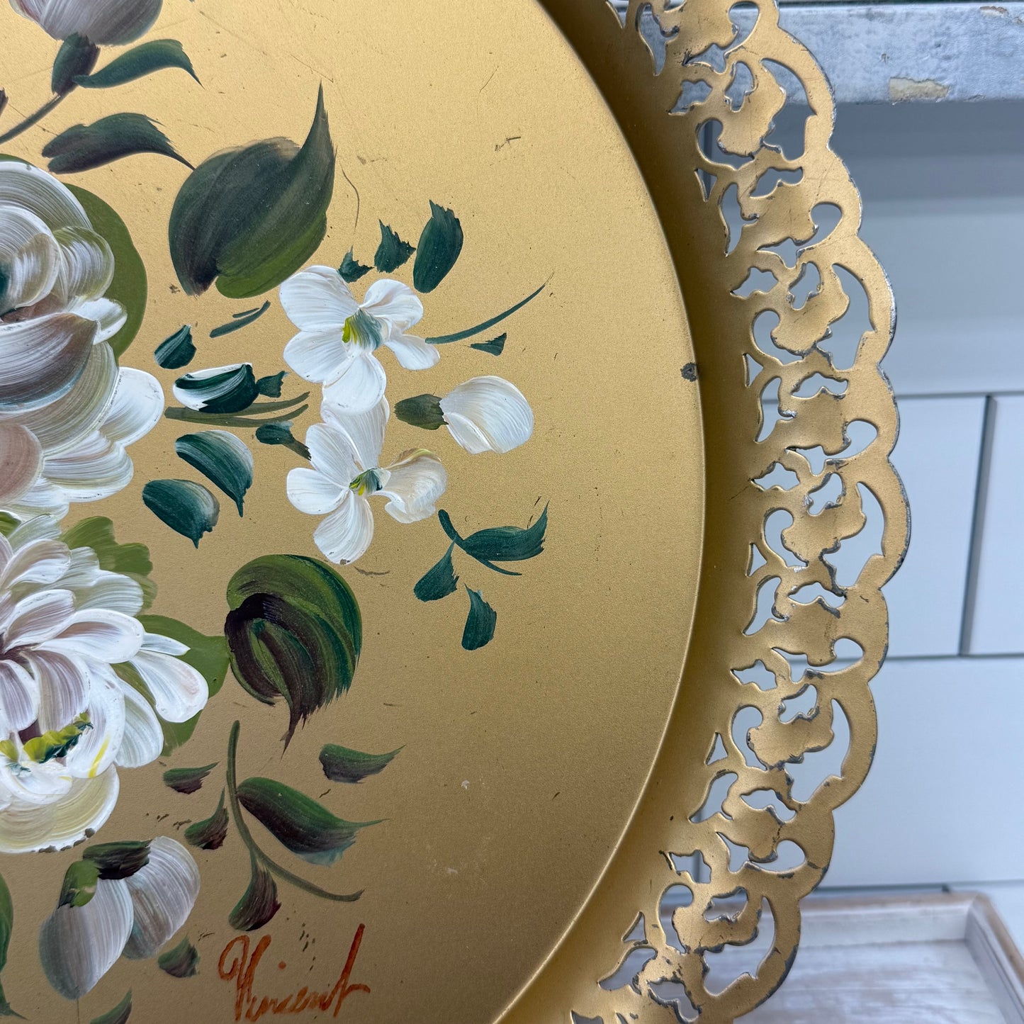 Vintage Nashco Hand Painted Floral Toleware Metal Tray 15”
