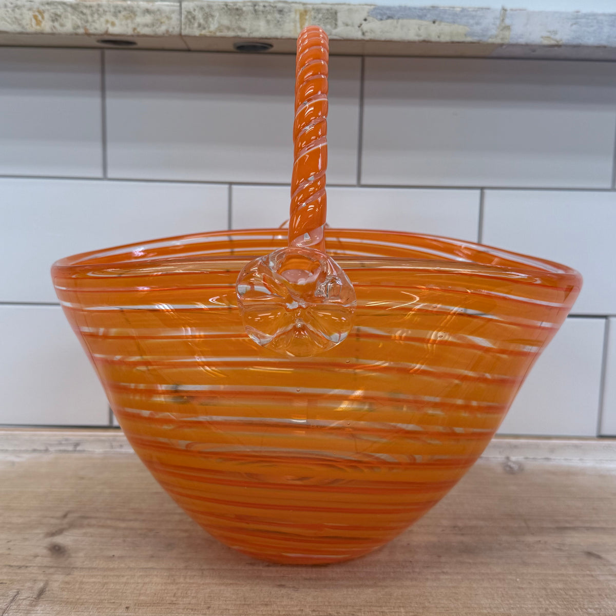 Orange Spiral Hand Blown Art Glass Basket with Handle