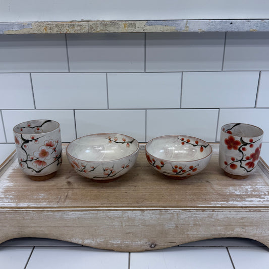 Japanese Kiyomizu-yaki Plum Blossom Bowls & Cups Set of 4
