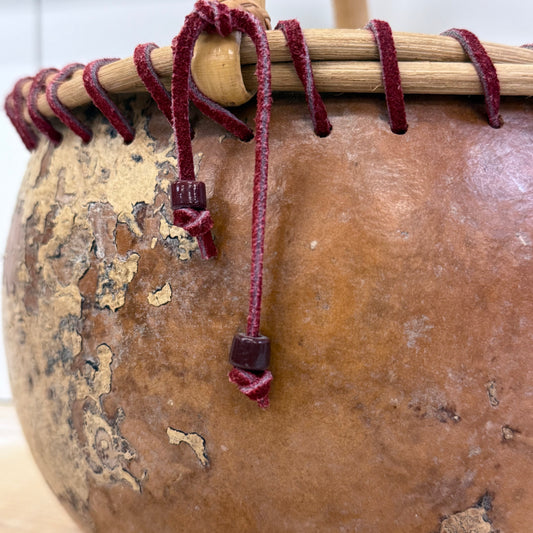 Handcrafted Signed Gourd Basket Bamboo Handle Folk Art 2000