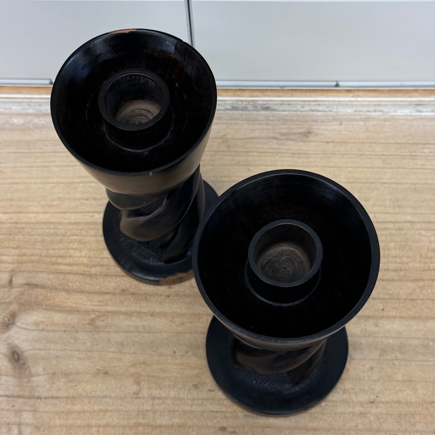 Hand Carved Twisted Helix Wood Candlestick Holders, Set of 2