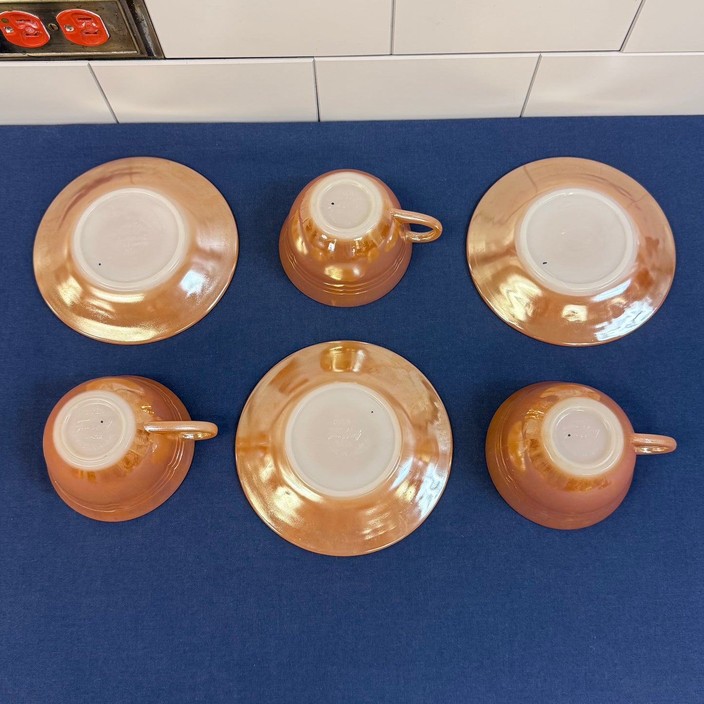 Fire King Peach Lustre Jane Ray Teacups Saucers Set of 3