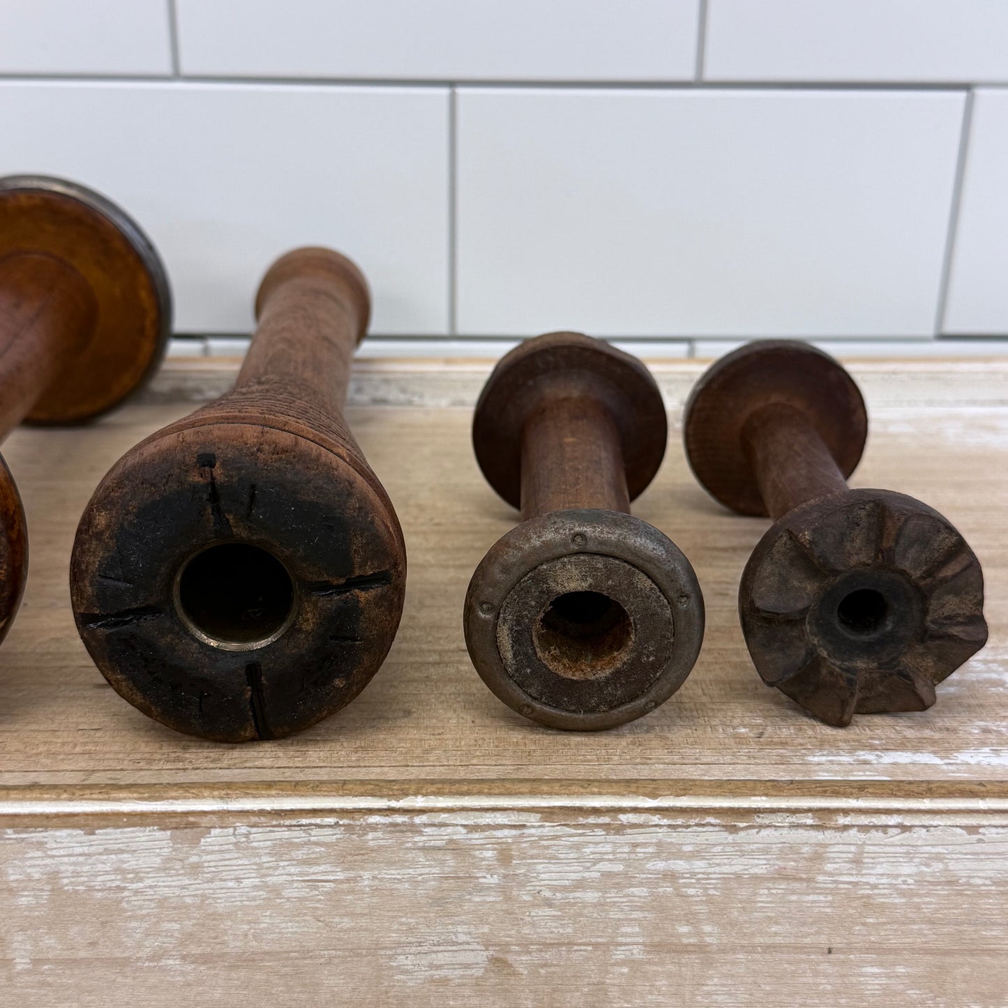 Wooden Textile Mill Bobbins Thread Spools Lot of 5