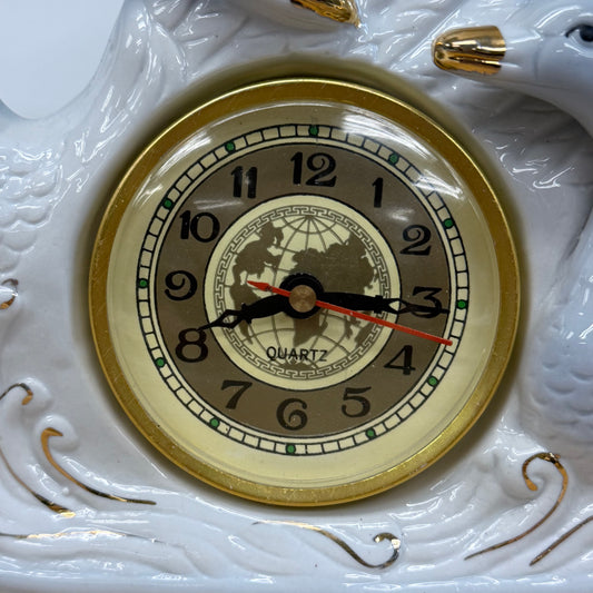 Swan Mantel Clock White Ceramic Gold Gilt Quartz 1980s