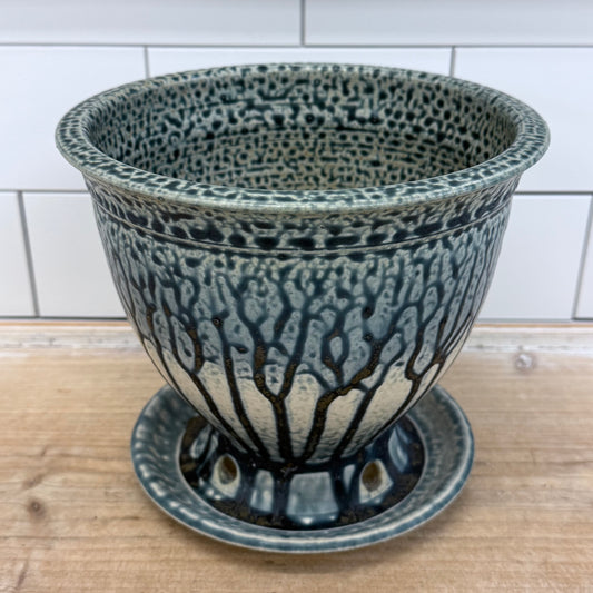 Studio Art Pottery Drip Glaze Planter with Attached Saucer Signed