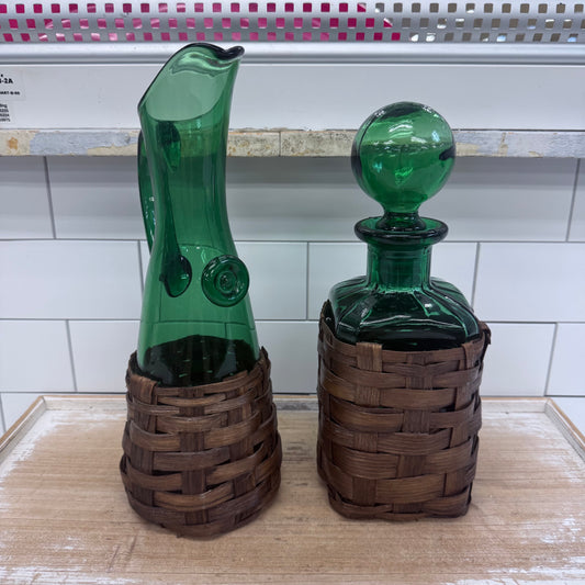 Spanish Emerald Green Art Glass Decanter & Pitcher Set 1960s