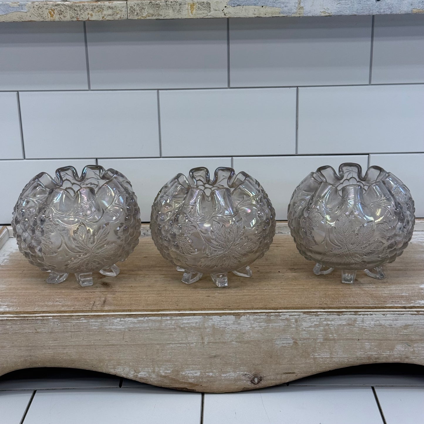 Dugan Grape Delight White Carnival Glass Bowls, Set of 3 c.1910s