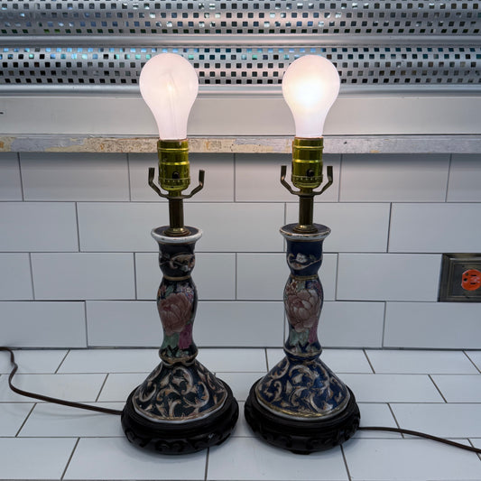 Chinoiserie Gilded Porcelain Accent Lamps Set of 2 Blue Floral