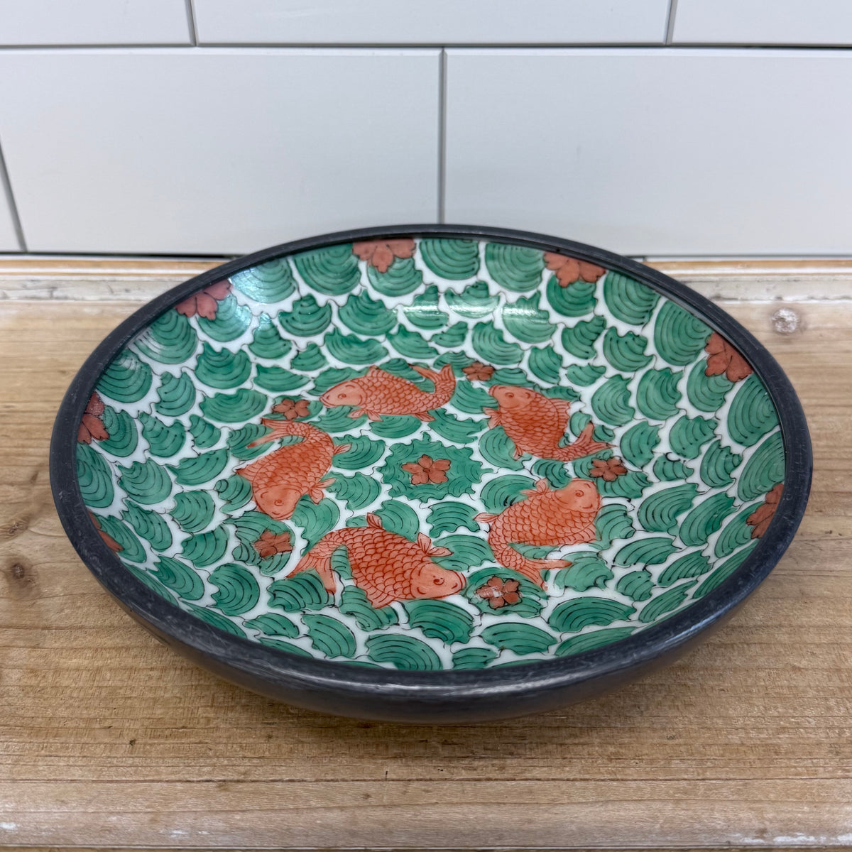 Asian Porcelain Koi Fish Bowl with Pewter Collar 1970s