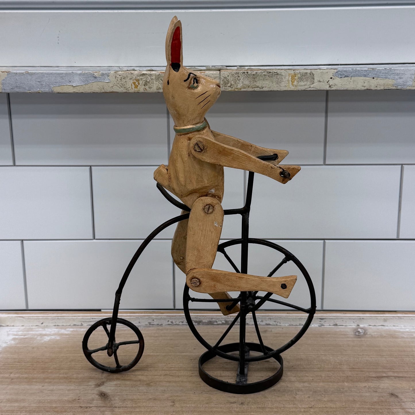 Primitive Rabbit on Penny Farthing Bicycle Folk Art Sculpture