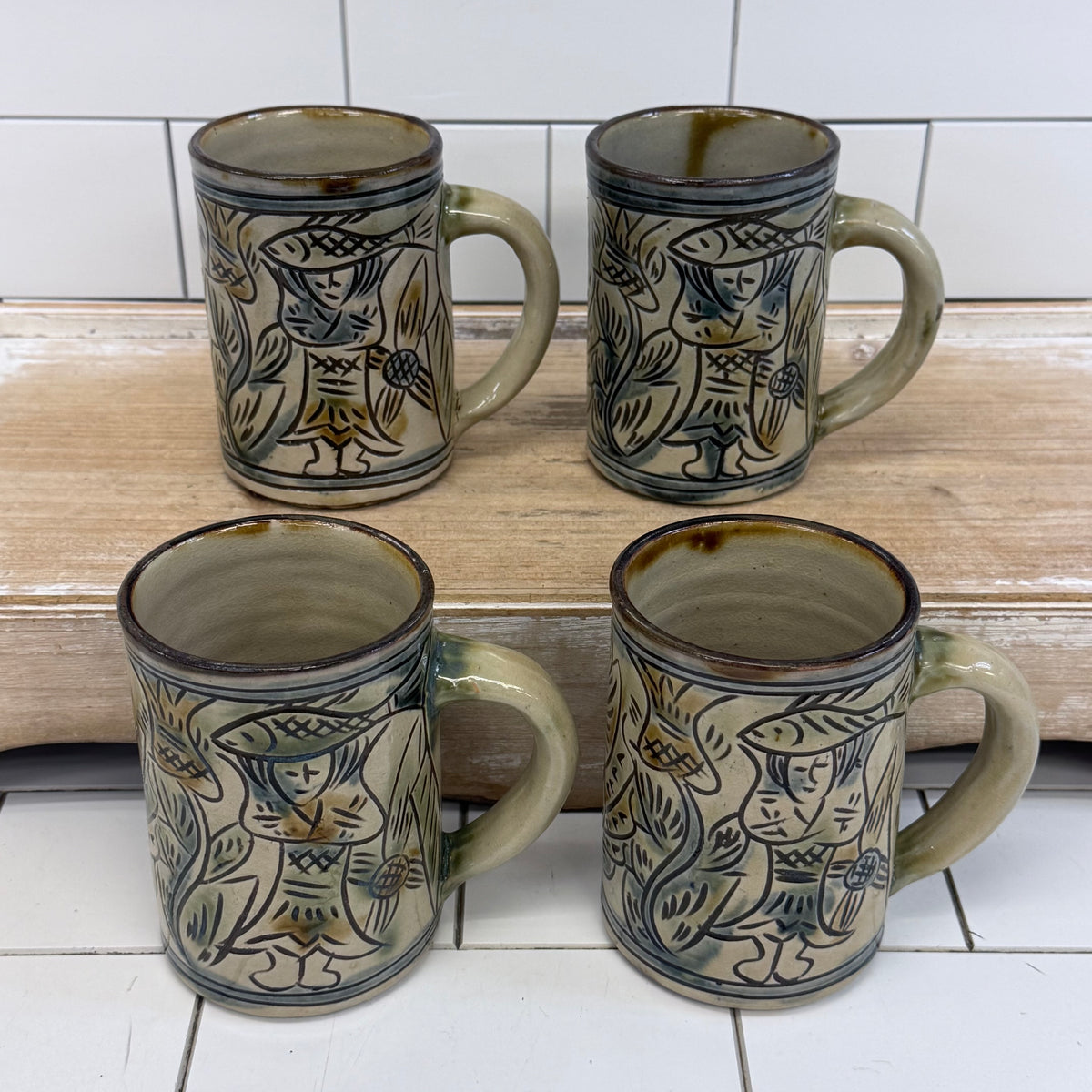 Folk Art Pottery Mugs Set of 4 Ceramic Tankards