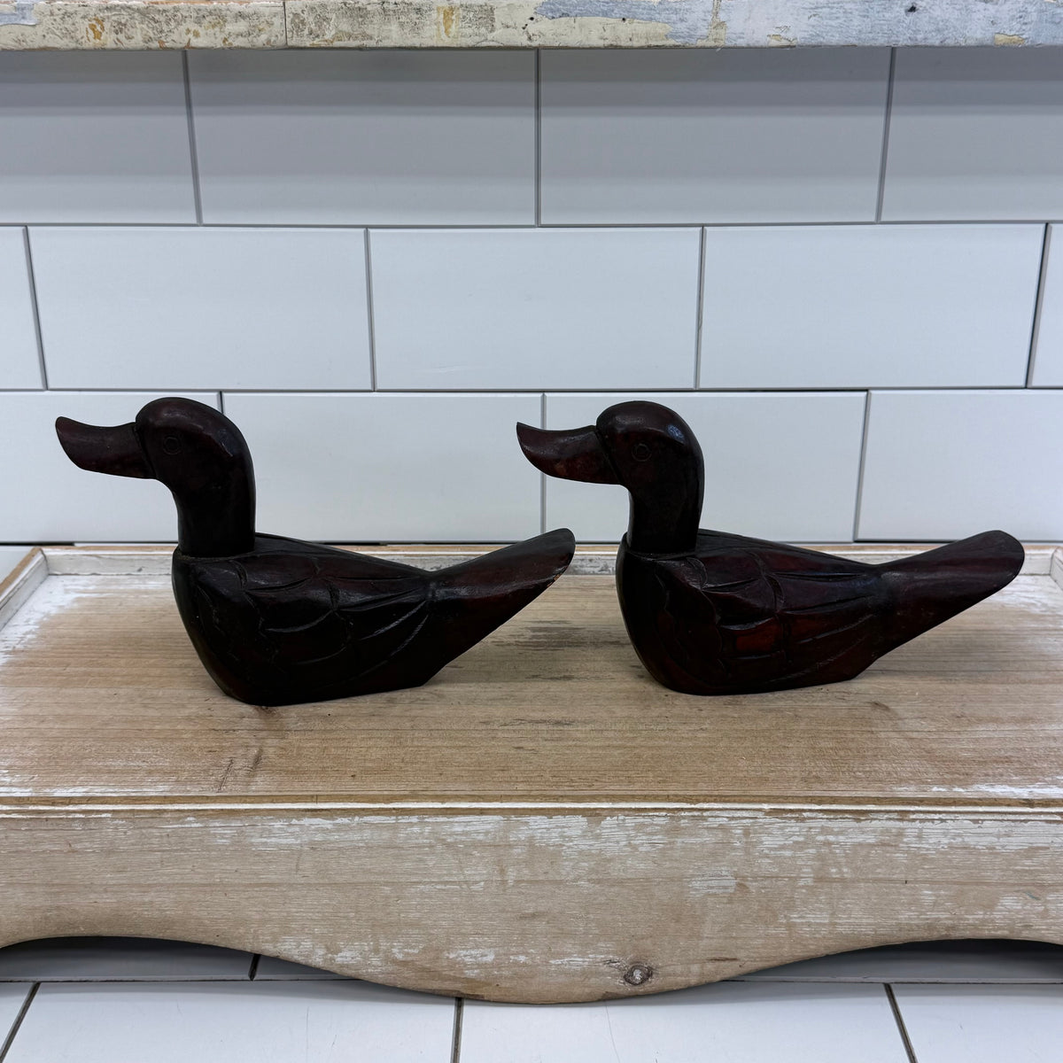 Duck Figurines Pair Hand-Carved Wood - Rustic Lodge Decor