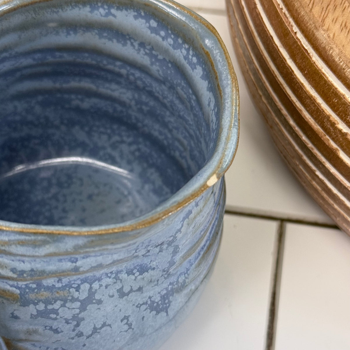 Rustic Wood Tray Bowl & Blue Ceramic Decor Set