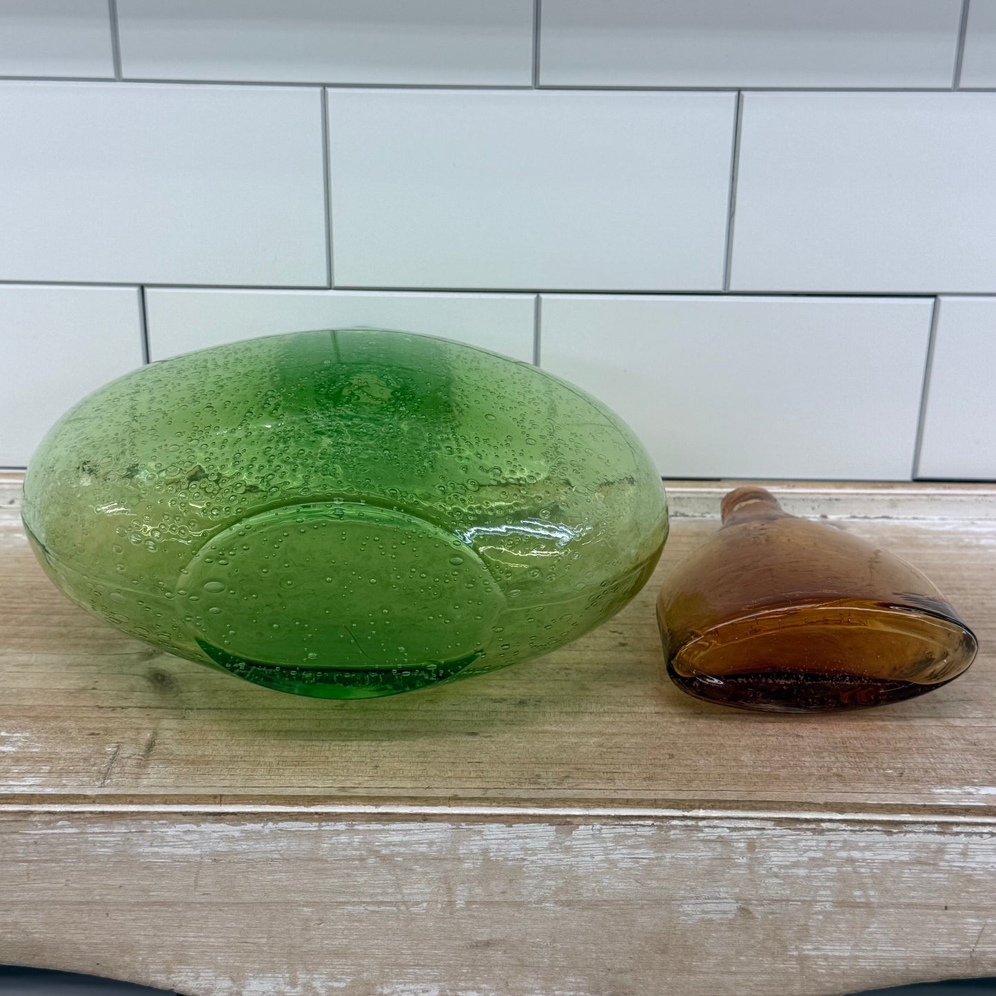 Mexican Seeded Art Glass Vases Green & Amber Hand Blown Set of 2