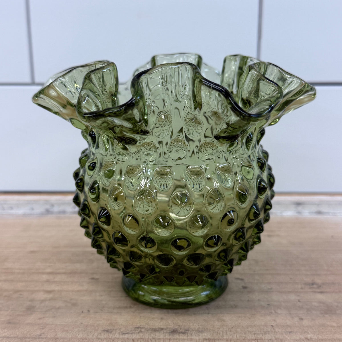 Fenton Colonial Green Hobnail Vase Vintage Art Glass Decor