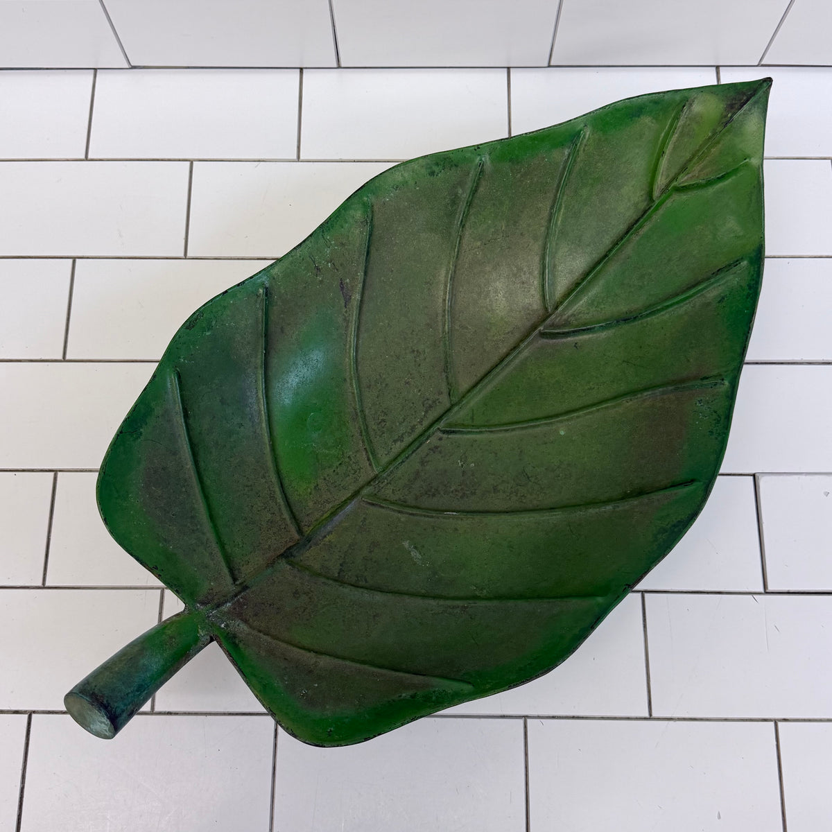 Large Green Metal Leaf Bowl Botanical Centerpiece Decor