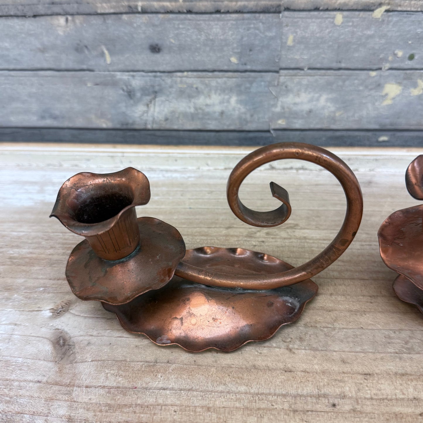 Gregorian Copper Arts & Crafts Candlestick Holders, Set of 2