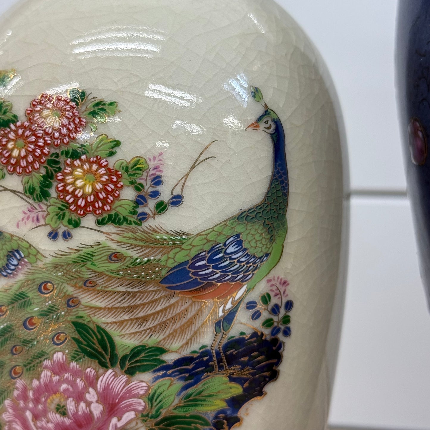Porcelain Peacock & Floral Vases Set of 2