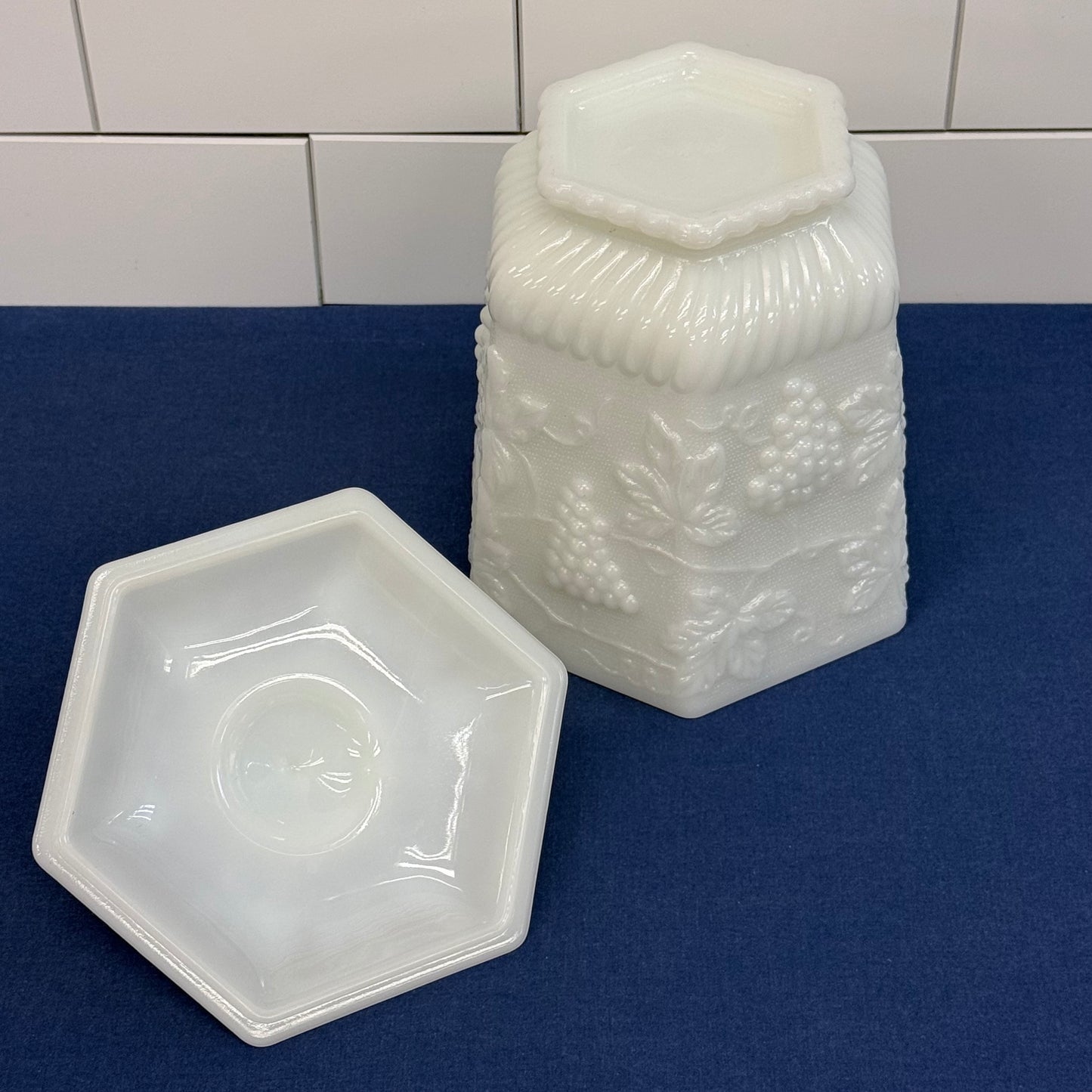 Fire King Grapevine Milk Glass Lidded Jar Vintage 1960s