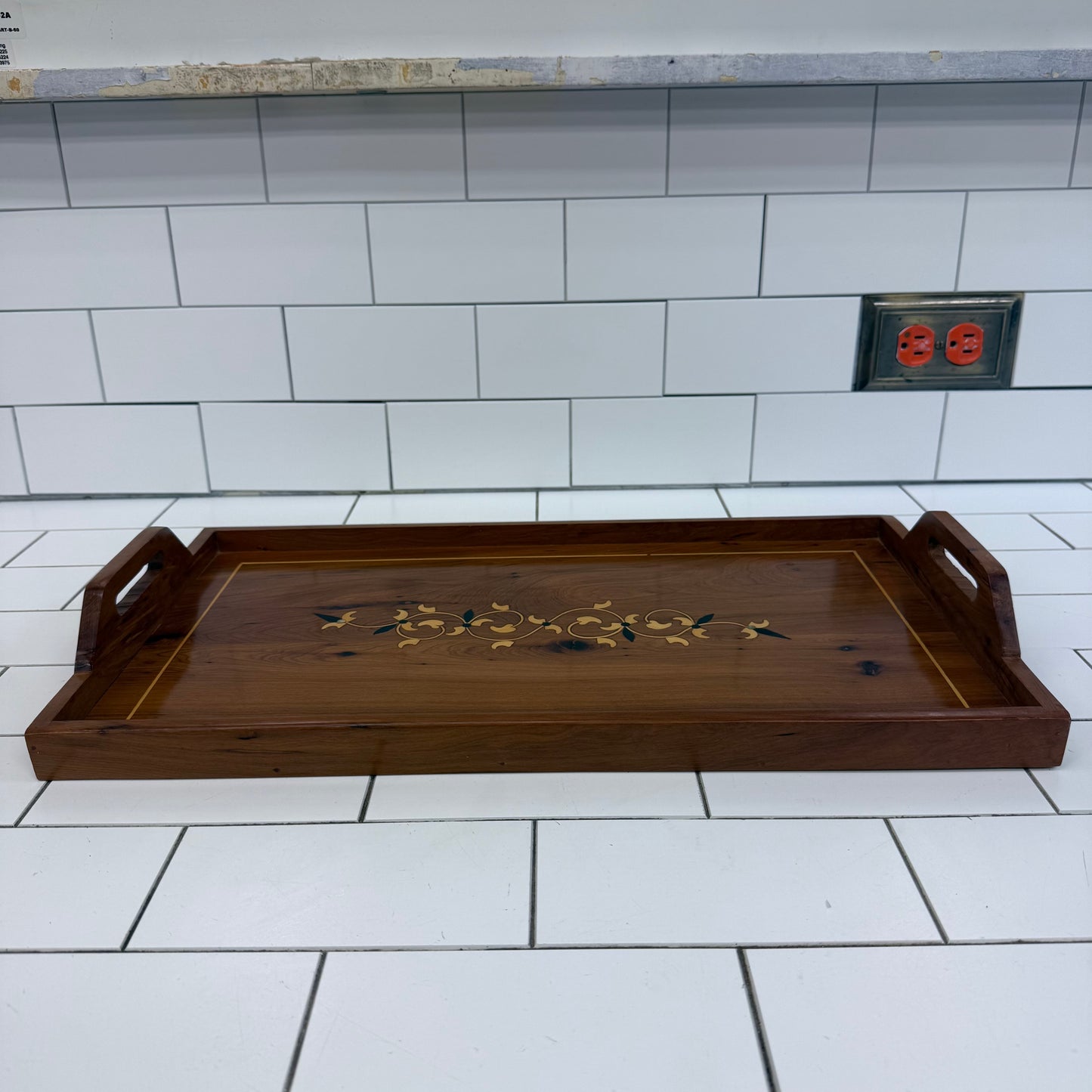 Marquetry Inlaid Wooden Serving Tray with Handles