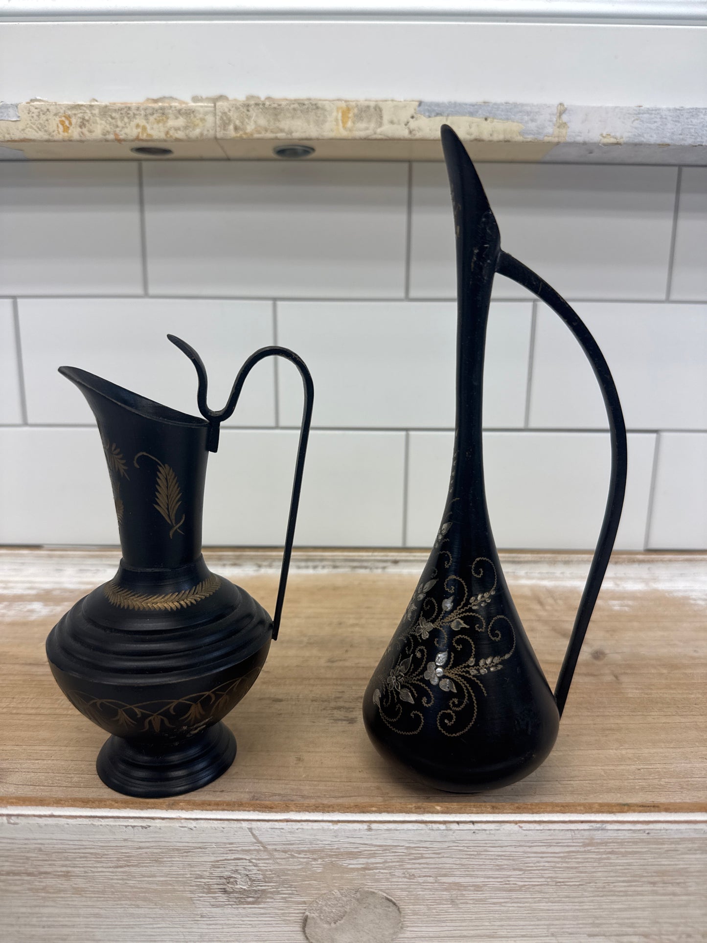 Brass Enamel Vase & Ewer Etched Set of 7 Mid-Century 1960s