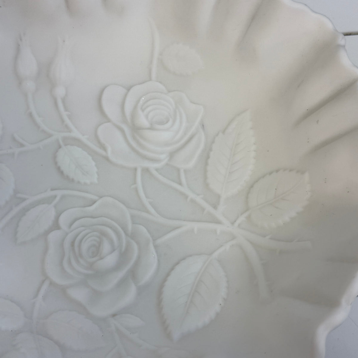 White Milk Glass Rose Bowl with Ruffled Rim