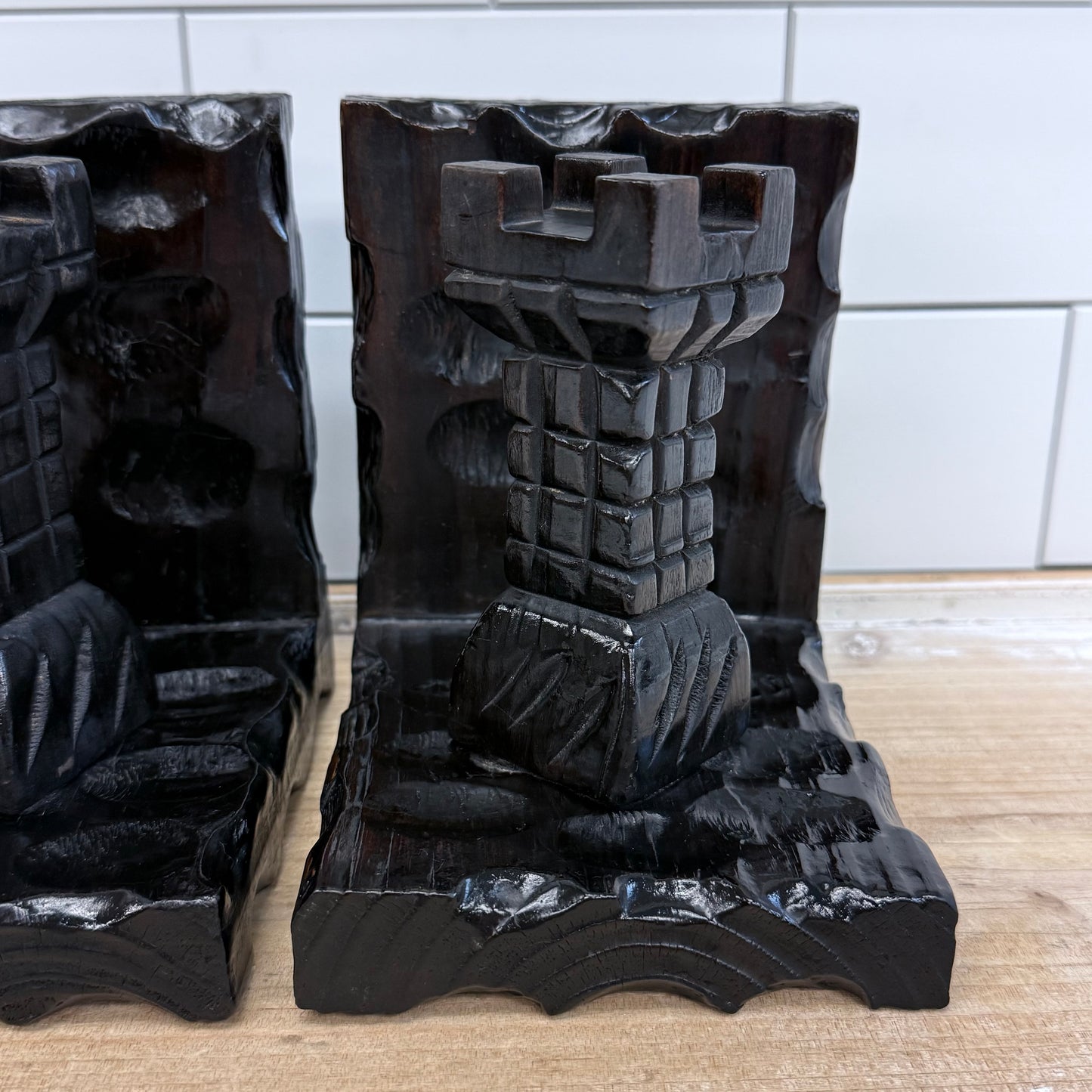Spanish Carved Wood Bookends Castle Turret Medieval Style Pair