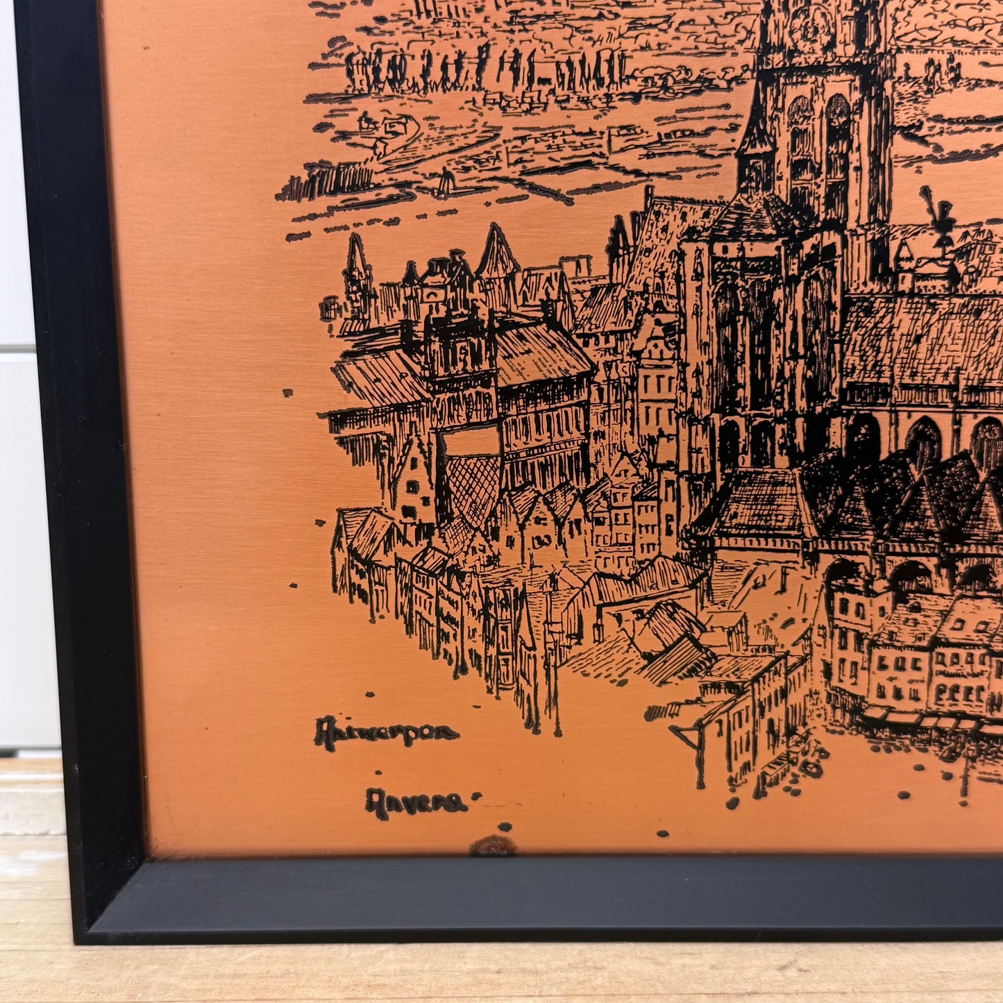 Antwerp Belgium Etched Copper Plaques Signed W. S. Creighton Set of 2