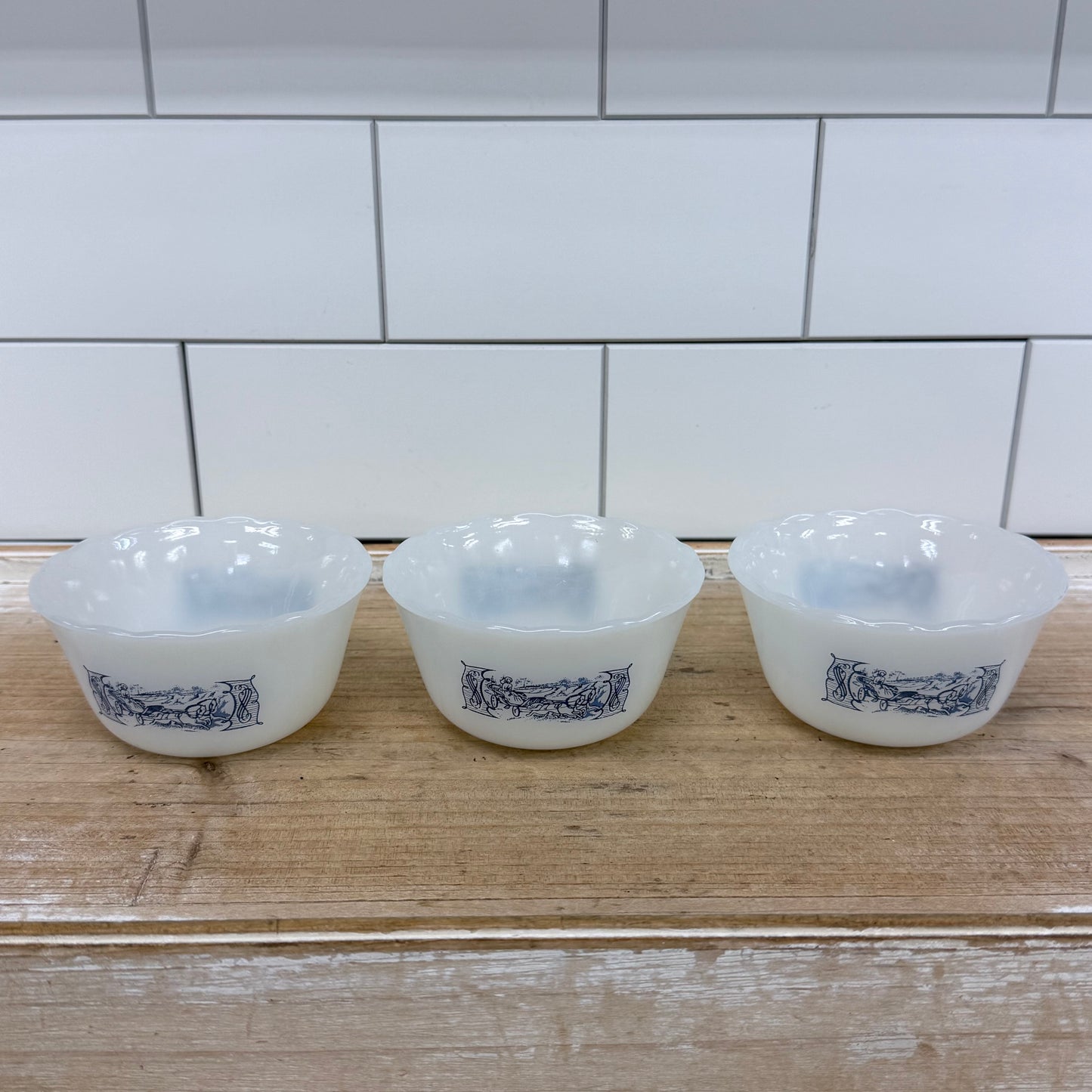 Currier & Ives Milk Glass Custard Cups Ramekins Set of 3, 1970s