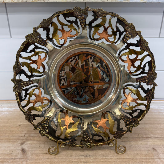 Vintage 1960s Mixed Metal Egyptian Revival Wall Plate 10” Diameter