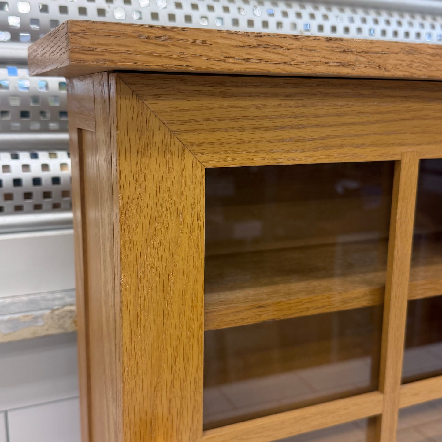 Wall Mounted Oak Curio Cabinet Glass Display Case Windowpane Door