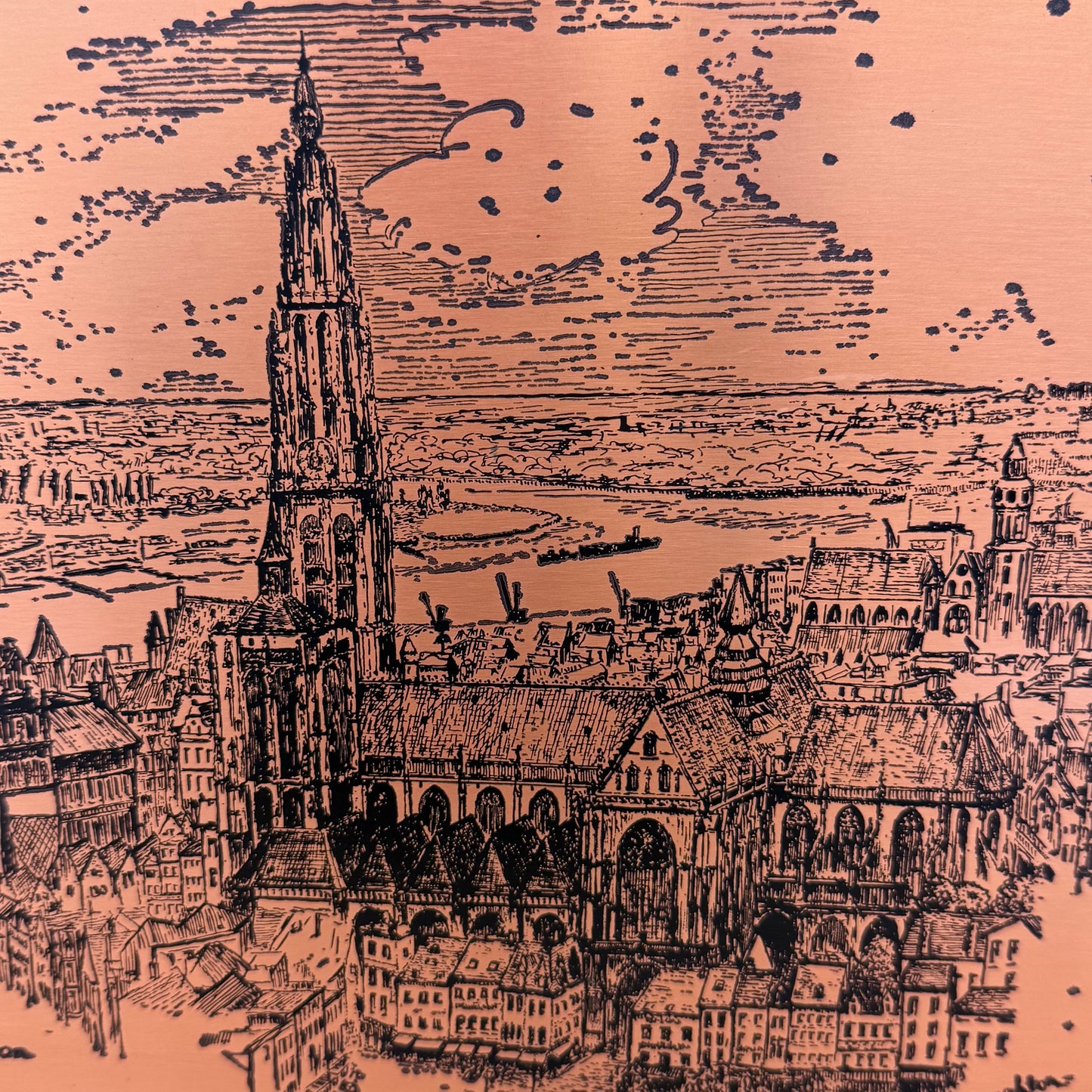 Antwerp Belgium Etched Copper Plaques Signed W. S. Creighton Set of 2