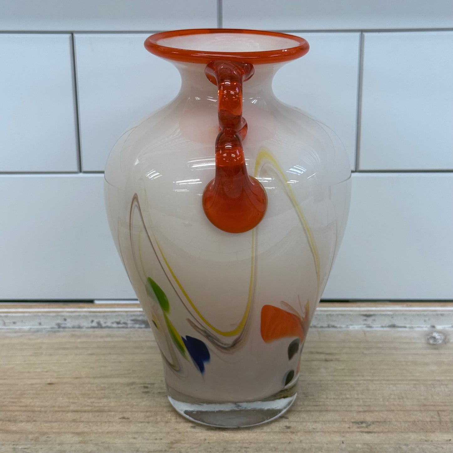 Vintage Murano Style Applied Handle Art Glass Vase