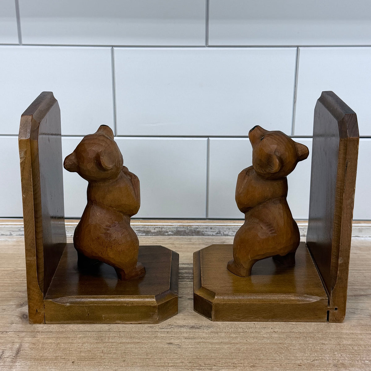 Carved Wood Bear Bookends Rustic Lodge Folk Art Pair