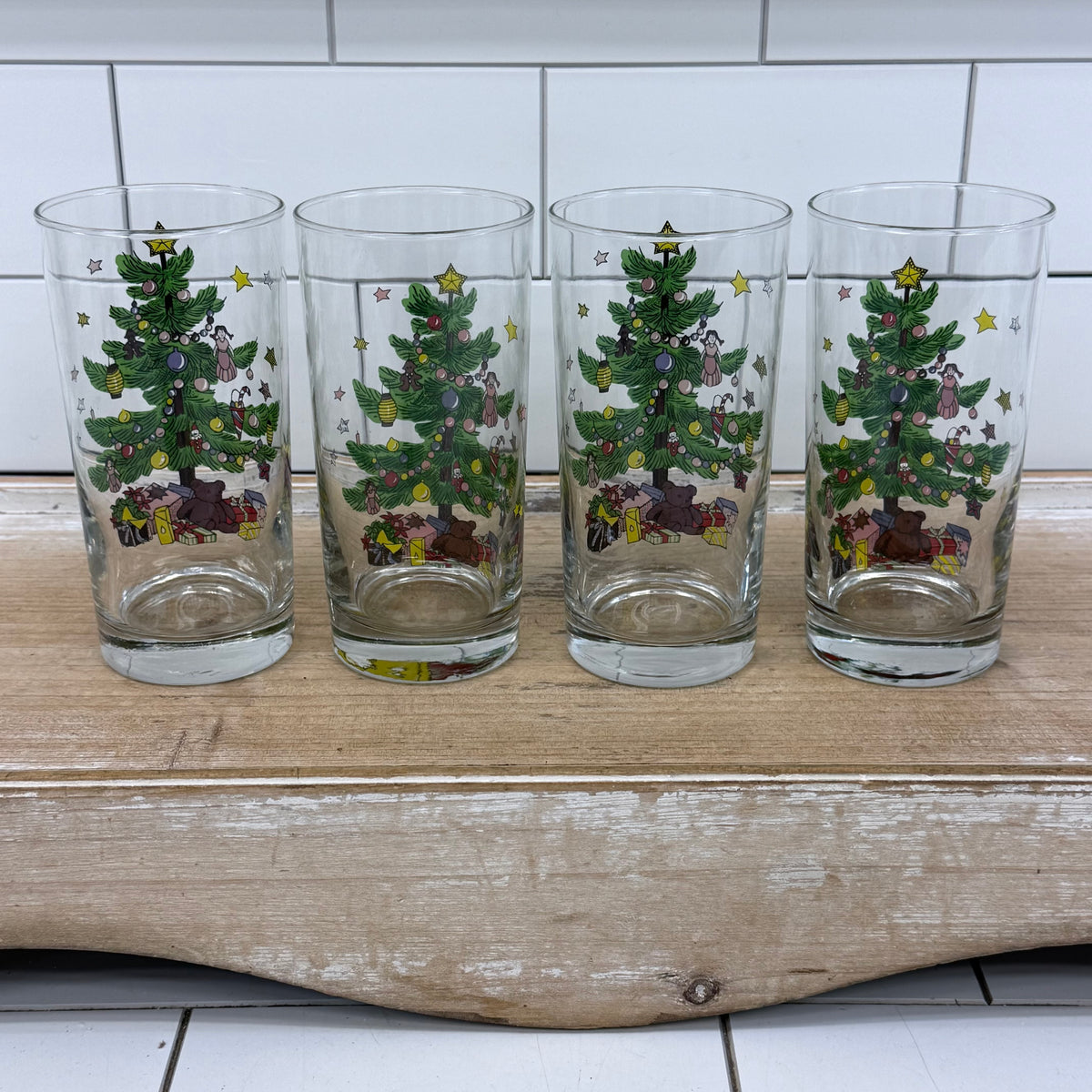 Nikko Christmas Tree Teddy Bear Highball Glass Tumblers Set of 4