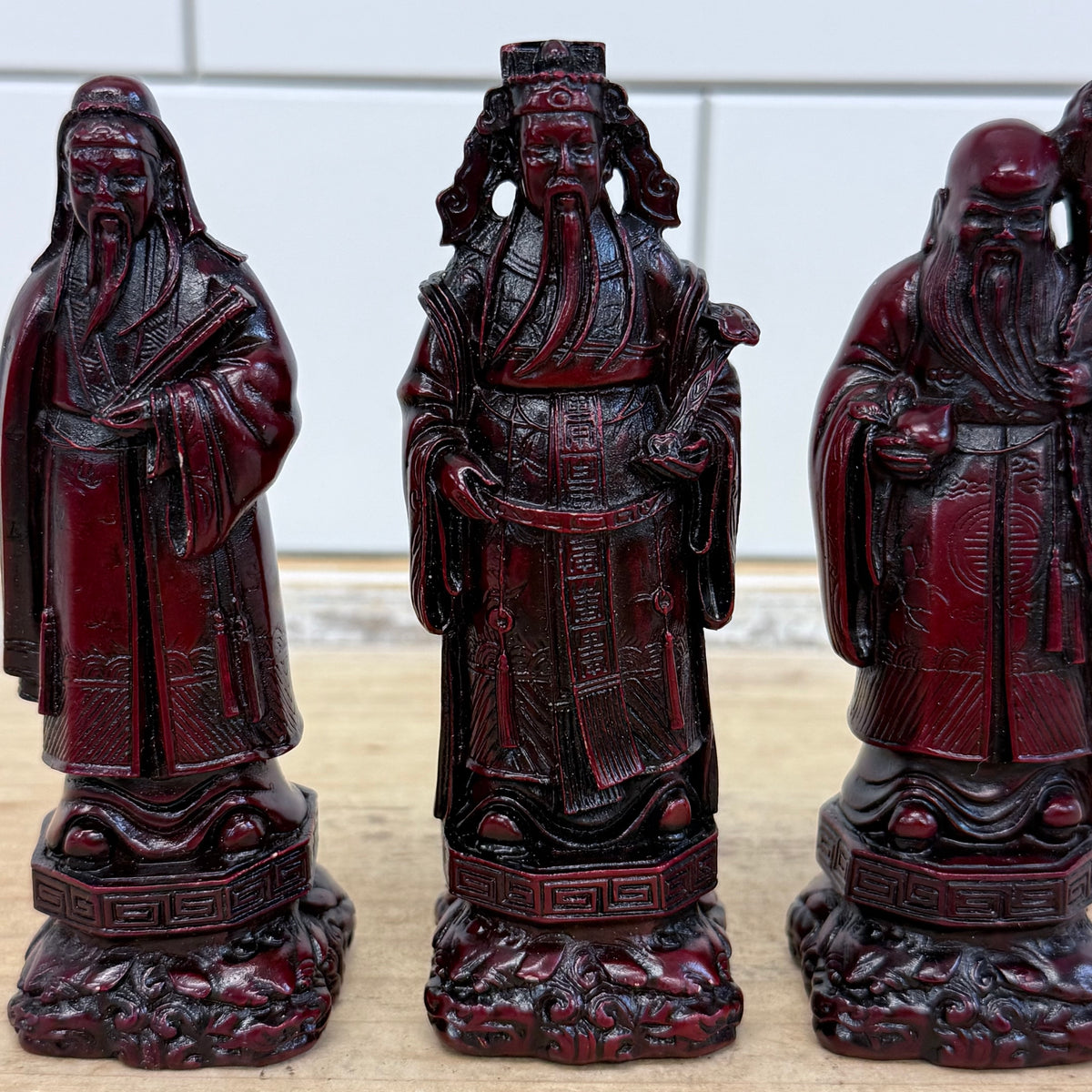 Vintage Chinese Fu Lu Shou Three Star Gods Red Resin Figurines