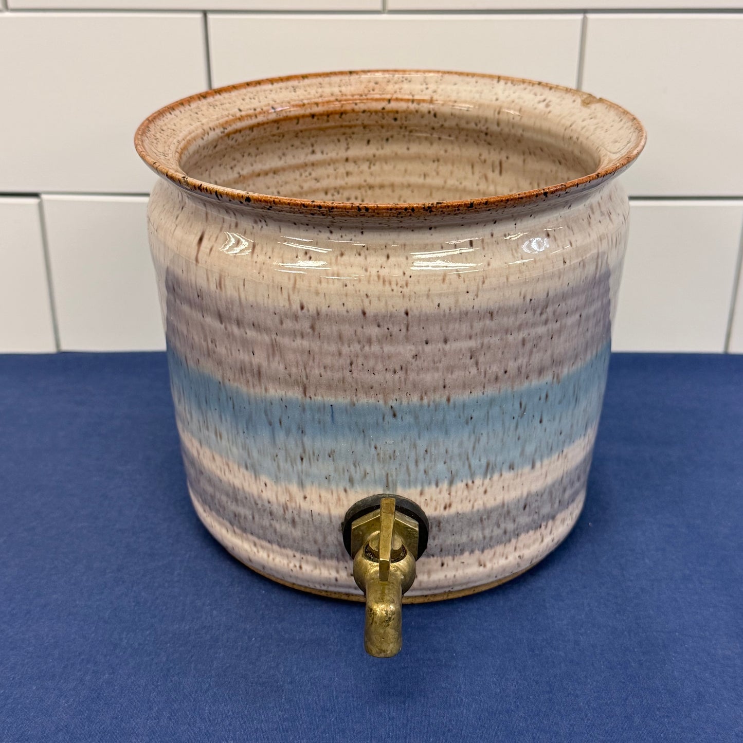 Stoneware Beverage Dispenser Blue Gray Glaze Crock Vessel 1970s