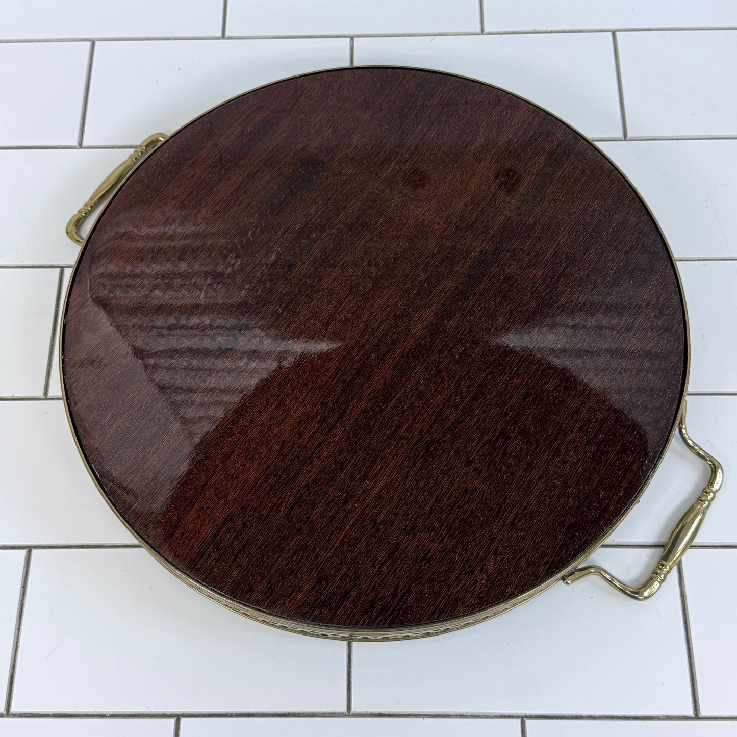 Floral Marquetry Wood Serving Tray with Brass Handles