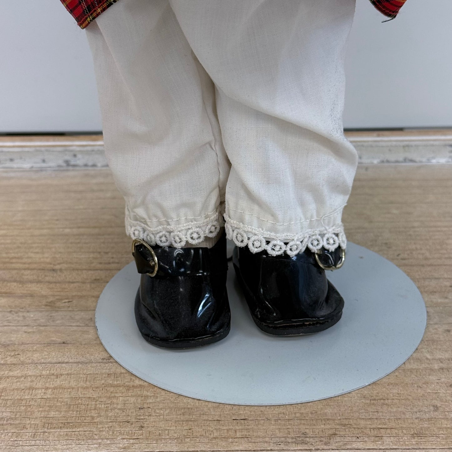 Musical Porcelain Doll in Plaid Dress with Stand & Music Box